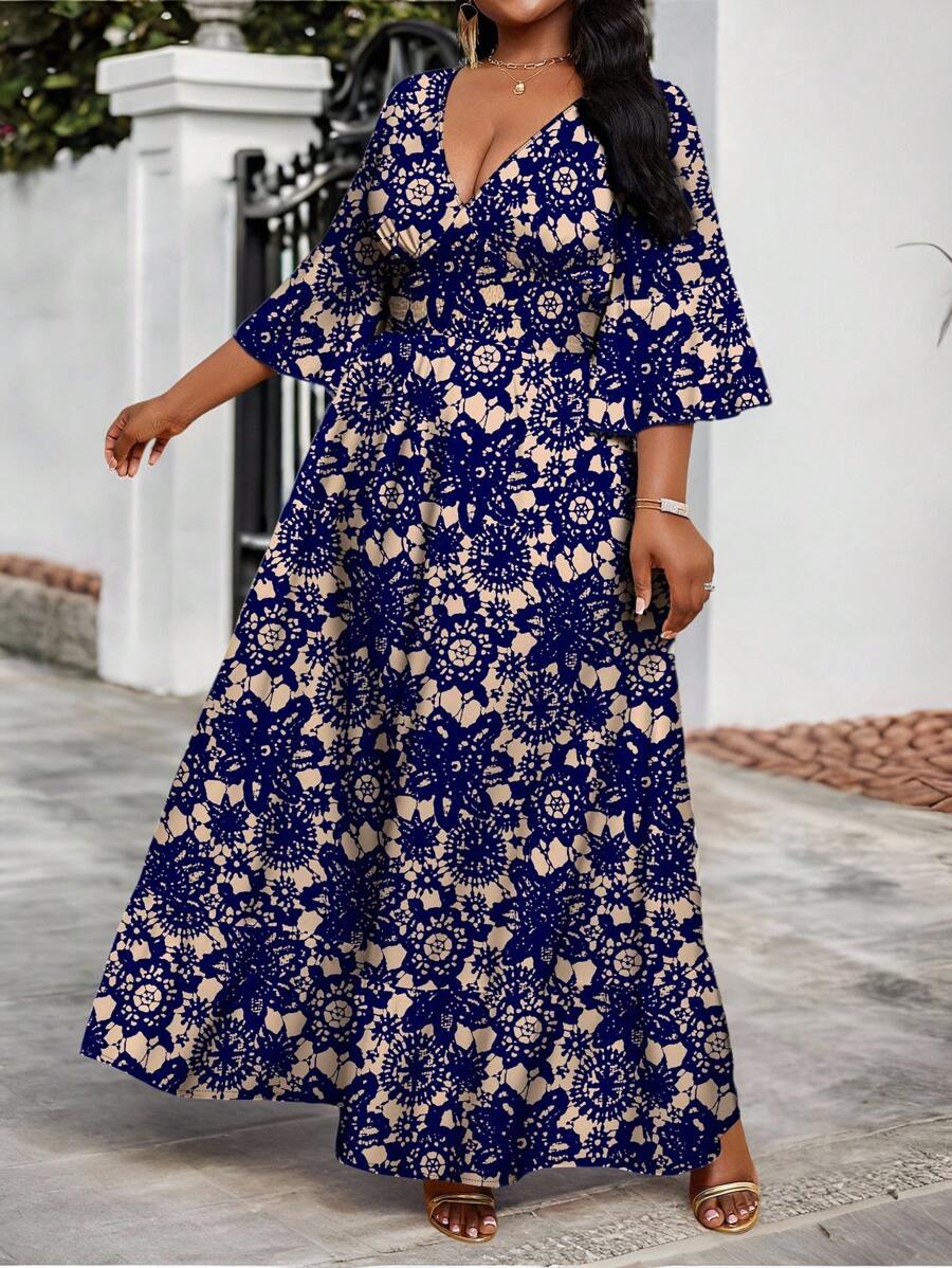 SHEIN Lady Spring And Summer Elegant Commuting Office Colorful Knitted Round Neck Flared Three Quarter Length Sleeve Plus Size Dresses Summer Outfits For Women Summer Dresses For Women Office Outfits For Women Office Dresses