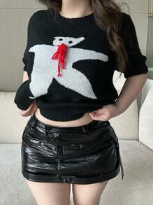 Flirla Blusa de punto de manga corta con patrón de dibujos animados de color contrastante para tallas grandes - Negro - Ver 5