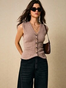 Poéselle Women's Elegant Dusty Mauve Single-Breasted Fitted Cardigan Vest,Simple Solid Autumn Sweater For Brunch,Party,New Year,Old Money Fall/Winter Commuter - Coffee Brown - View 6