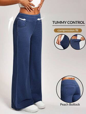 Flexra Women's Solid Color Mid-Waist Comfortable Tummy Control Straight Leg Jeans