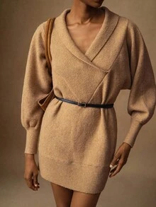 Lyxana Women's Solid Color Wrap Around Elegant Long Sleeve Sweater Dress Fall Winter Cloth For Women - Khaki - View 1