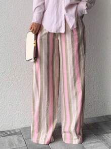 Jeta Ari Pantalones largos de algodón y lino a rayas para mujeres, pantalones informales de pierna ancha para playa y vacaciones, estilo natural elegante, para verano