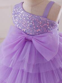 Glamorique Kids 圣诞节/新年派对装女婴亮片拖尾薄纱蛋糕裙、细肩带柔软公主裙 - 紫色 - 查看 6