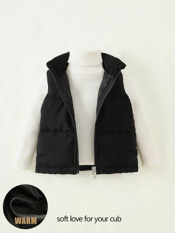 SHEIN 0-3 Years Baby/Toddler Unisex Casual Everyday Cute Versatile Thick Stand Collar Sleeveless Vest Jacket, Black Versatile Vest Fall Winter
