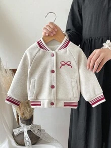 SHEIN 女婴条纹插肩袖单排扣休闲棒球夹克 - 灰色 - 查看 7