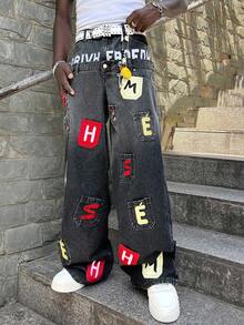 ROMWE MEN Street Life Men's Double-Layer Waistband Multi-Pocket Embroidered Pattern Loose Fit Jeans - Black - View 5