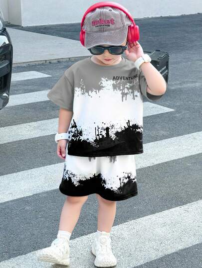 SHEIN 2 Pieces Set Young Boys Casual Comfortable Versatile Splash Ink Print Short Sleeve Top And Shorts Set, Suitable For Spring And Summer