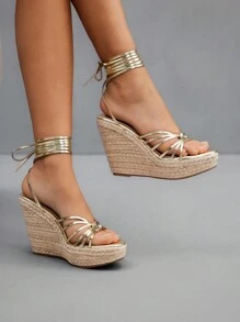CUCCOO SZL Women's Wedge Thick Rope Sole Gold Strap Tie Up Sandals, Sexy Vacation Style