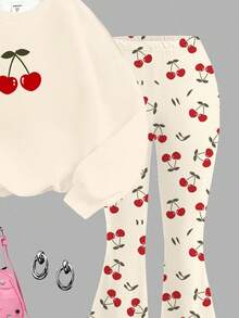 SHEIN Leap Crew Tween 女童复古可爱樱桃印花宽松圆领运动衫和喇叭裤两件套休闲套装