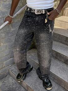 ROMWE MEN Street Life Men's Sparkling Diamond Loose Baggy Jeans - Black - View 5