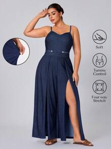 Flexra Plus Size Women Knitted Denim High Slit Jumpsuit - Dark Wash - View 1