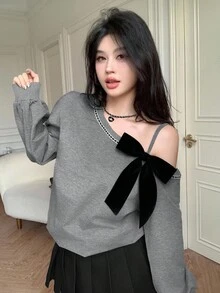 Modelyn Áo nỉ ngắn tay dáng rộng, thắt nơ chéo vai phong cách Hàn Quốc thu/đông - Màu xám đen - Xem 9