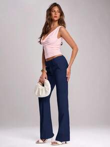 SHEIN BAE Spring Women's White Mid-Rise Flare Pants, Suitable For Music Festivals, Parties, Daily Outings, Celebrations, Street Activities, Festival Outfits, Summer Clothes, Rave Outfits,Fall - Navy Blue - View 6