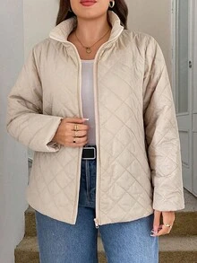 SHEIN LUNE 大码女式纯色长袖拉链休闲冬季外套，飞行夹克，长袖保暖升级外套女士冬装女士冬装万圣节服装，万圣节外套工作服女士通勤简约办公室老款外套，适合日常穿着，通勤，极简主义，优雅时尚的通勤，休闲休闲风格，纯色，女士秋季服装秋季 - 杏色 - 查看 7