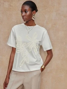 Firerie VITNOS New Fall/Winter High-End Women's Casual Everyday Commuter Elegan Women's Elegant Embroidered Solid Color Loose Cotton T-Shirt, Spring/Summer Autumn, Night Out, Parties, Date Night, Country, Homecoming, Casual, Holiday Vacation - Beige - View 4