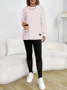 SHEIN 孕妇条纹落肩长袖宽松休闲T恤 - 紅白色 - 查看 4