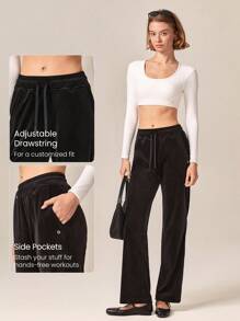 GLOWMODE Smooth Soft Velvet Adjustable Drawstring Waist Straight Leg Pants With Side Pockets Daily Casual - Black - View 3