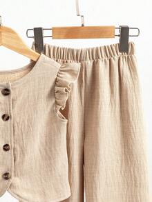 Elladie kids 2件套女童纹理面料短袖纽扣后背T恤和休闲长裤套装，小女孩套装，亚麻两件套 - 卡其色 - 查看 6