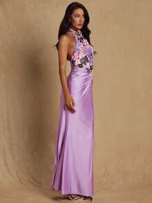 Glamine Váy cổ yếm thêu kim sa cho nữ, váy maxi hở lưng thanh lịch, váy dự tiệc - Màu tím - Xem 6