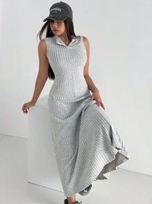 Aidyla Women's Autumn Knitted Brushed Ribbed Grey Sleeveless Mock Neck Fitted Slit Dress Turtleneck Dress Fall Women Dress - Grey - View 6