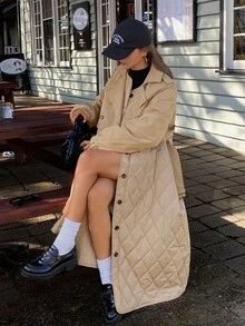 Livesso Women's Padded Coat, Windbreaker Style Rhombus Pattern Loose Solid Color Long Coat, Autumn/Winter - Khaki - View 5