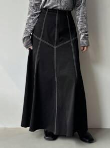 FRIFUL Chân váy dài dáng chữ A rộng rãi, có đường may trang trí, kiểu dáng thường ngày dành cho nữ, thích hợp cho mùa thu. - màu đen - Xem 2