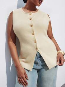 Maija Plus Size Women's Casual Solid Color Front Button Sleeveless Knit Top, Business Casual Urban Commuter Office Wear, Teacher Sweater Vest Cardigan Fall Autumn Back To School Homecoming Modest Vintage Women Old Money Teacher Romantic, Fashion, Versatile; Comfortable, Stylish, Elegant, Casual, Simple Daily Wear