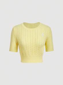 Skyraze 女士麻花针织刺绣修身短款毛衣 - 黃色 - 查看 2