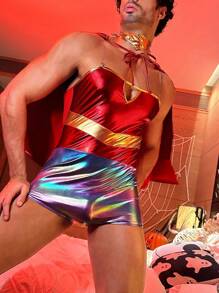 3 件套超级英雄服装套装：仿皮连体衣、头饰和斗篷、修身镂空抹胸，适合酒吧、派对、男士、万圣节 - 彩色 - 查看 3