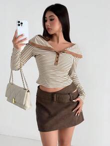 Aidyla Striped Knit Collared Long Sleeve Off-Shoulder Henley T-Shirt Tops With Minimalist Design Fall Clothes For Women - Khaki - View 6