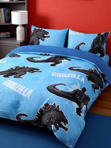 GODZILLAxKONG X SHEIN 3pcs Cartoon Pattern Bedding Set, Soft, Breathable And Warm, Suitable For Single/Double/Queen/King Size Beds, Great For Children,Dinosaur For Bedroom Decor