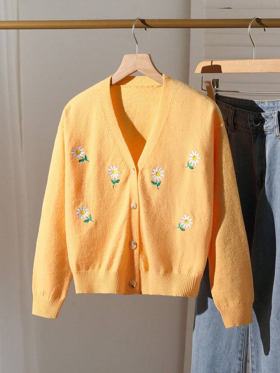 Fashionable Daisy Embroidered Knit Sweater Jacket, Soft Yellow Autumn Tween Girl Cardigan, Cute Holiday Back-To-School Button Up Fall Sweaters - Orange - View 1