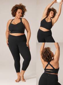 GLOWMODE FeatherFit™ 可调节后扣双交叉带心形领运动文胸低冲击瑜伽日常可拆卸罩杯 - 黑色 - 查看 10