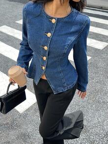 Siren Gaze Women's Blue Denim Jacket With Round Neck, Long Sleeves And Waist, Decorated With Metal Buttons, Suitable For Korean-Style Workplace Wear In Autumn Winter Casual Spring - Dark Wash - View 8