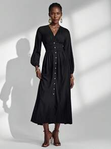 Almamuse Elegant Black Maxi Dress,V-Neck Single-Breasted Long Sleeve Flared Party Night Dress,Fashionable Versatile Women Autumn Spring Clothing - Black - View 2