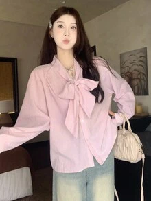 DAZY Blusa de manga larga con rayas y lazo estilo coreano para mujer, primavera/otoño - Rosa Pálido - Ver 5