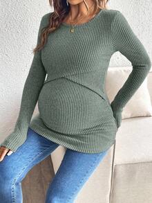 SHEIN Maternity Solid Color Round Neck Long Sleeve Ribbed Nursing Top Pregnancy Top - Green - View 4