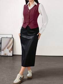 Modelyn Women's Solid Color Single-Breasted V-Neck Vest, Suitable For Commuting - Burgundy - View 6