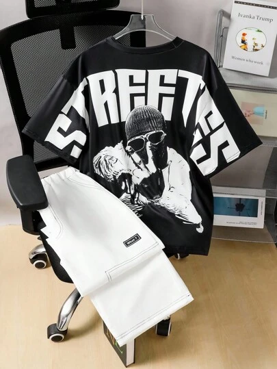 2 件套青少年男孩黑色图案印花 T 恤和白色休闲裤，面料柔软，舒适，适合夏季、户外、运动、学校、旅行和各种场合