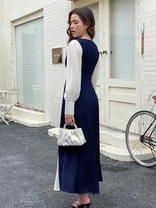 2024 秋冬新款少女优雅雪纺拼色连衣裙，适合派对和通勤 - 藏蓝色 - 查看 2