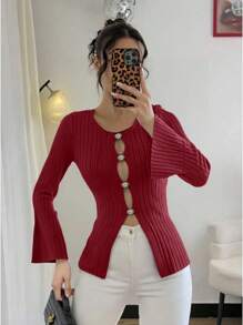 Rafferiza Asymmetrical Metal Decor Fitted Sweater Hollow Out Sexy Elegant Work Cardigan Fall Winter Cloth For Women - Burgundy - View 1