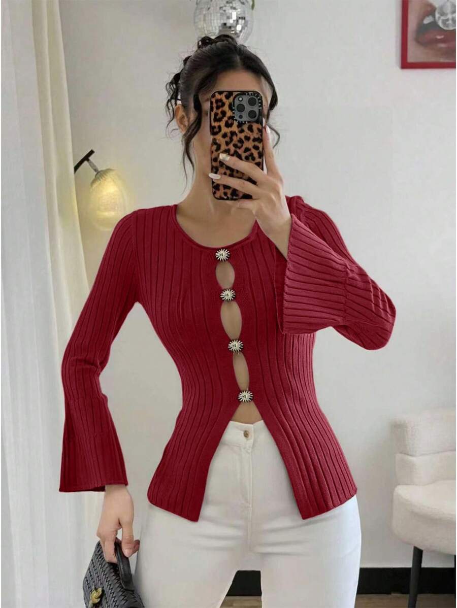 Rafferiza Asymmetrical Metal Decor Fitted Sweater Hollow Out Sexy Elegant Work Cardigan Fall Winter Cloth For Women - Burgundy - View 1