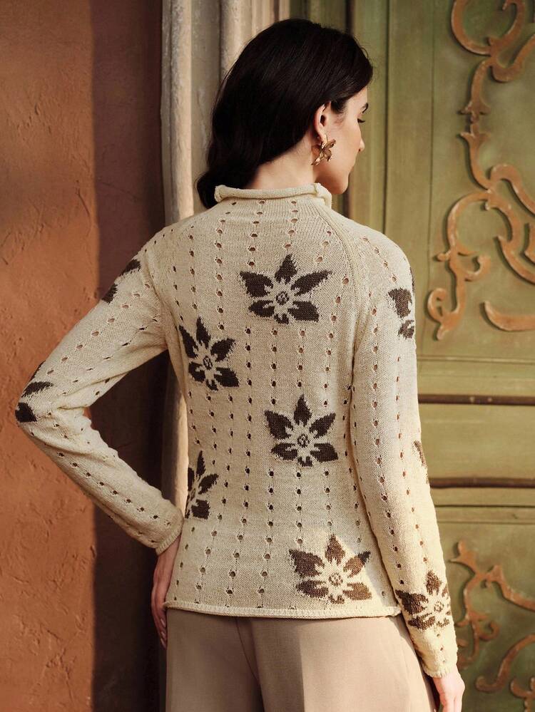Women's Casual Hollow Floral Pattern Funnel Neck Raglan Sleeve Fitted Sweater, Autumn/Winter