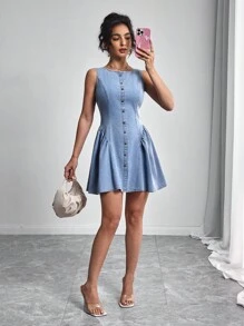 Elenzga Đầm denim không tay cổ tròn đơn giản, tối giản, màu trơn dành cho nữ - Màu xanh lam - Xem 9