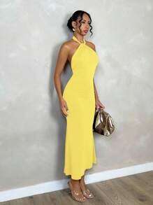 SHEIN PETITE 女士优雅简约纯色露背扭纹紧身长裙，适合日常穿着