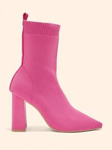CUCCOO BASICS Cuccoo 女式高跟粗跟尖头弹性针织踝靴 - 玫紅色 - 查看 2