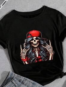 EMERY ROSE Halloween Skull Print Round-Neck T-Shirt, Spring And Summer Casual Short-Sleeved Top - Black - View 3
