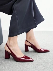 CUCCOO BIZCHIC 女士时尚黑色露背尖头粗跟高跟鞋，经典简约设计，适合通勤、约会、派对、度假、婚礼 - 酒紅色 - 查看 4