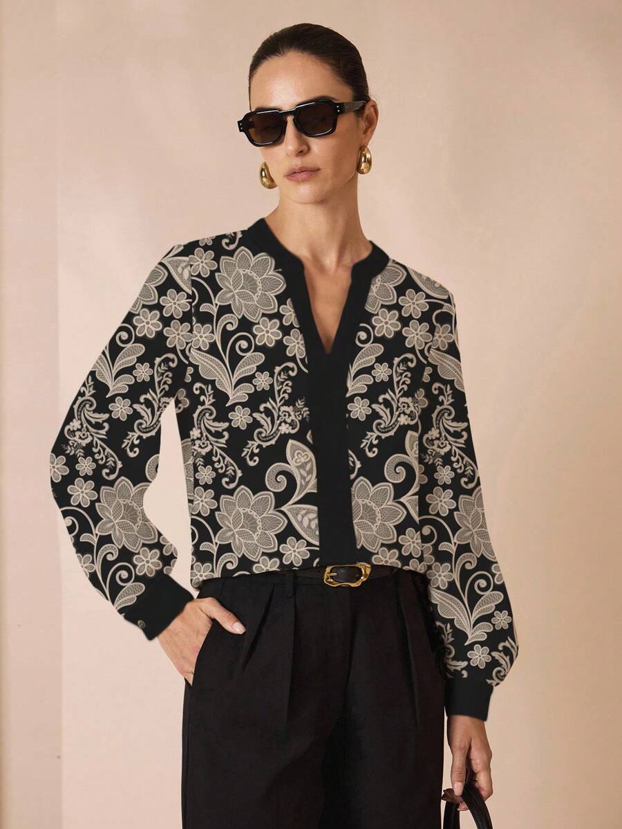 Glamance Ayrana Barboza 女士优雅通勤复古长袖 V 领衬衫,办公室服装,黑色花卉衬衫印花衬衫女式衬衫 - 彩色 - 查看 1