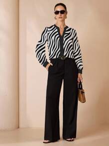 Glamance Pati Paints Women's Elegant Commuter & Casual Zebra Print Long Sleeve V-Neck Blouse, Office Wear Top, Black Zebra Print Blouse Zebra Top Striped Blouse Women Blouse Striped Shirt - Multicolor - View 4